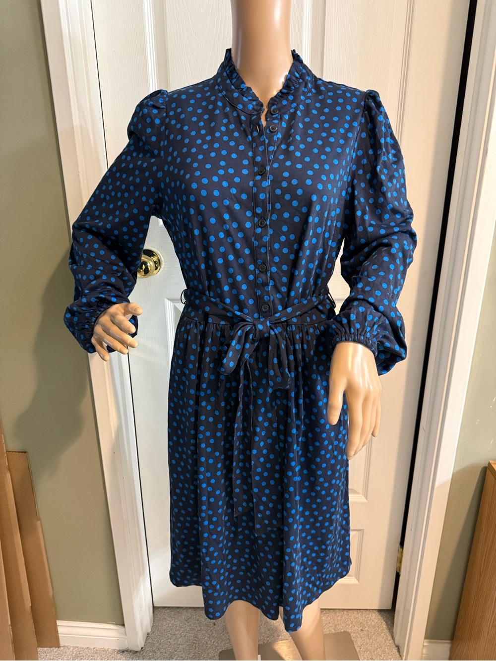 Boden Dress Womens 10R Blue Polka Dot Willow Frill Short Ruffle Belt - Picture 3 of 14